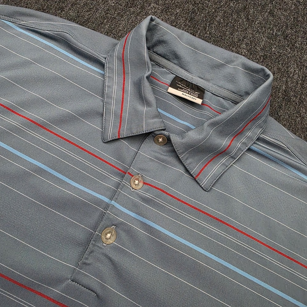 Nike Golf‎ Mens Large Gray Blue Red Striped Polo Shirt Performance Stretch